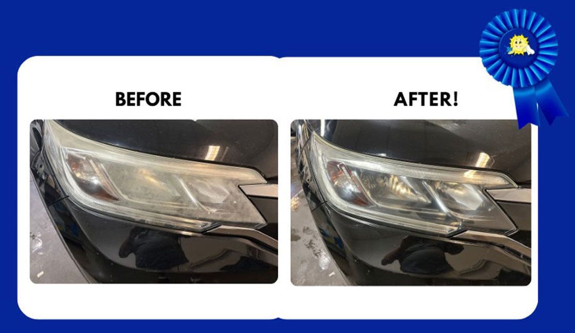 Before and after photos of a car headlight restoration. 