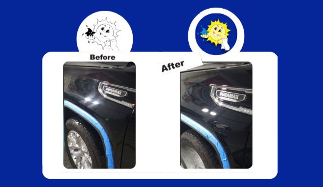 Car detail before and after. Black car with a brightened finish, showcasing the result of polishing.