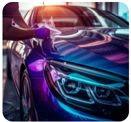 A person wearing purple gloves wipes a blue and purple car with a cloth.