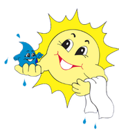 Smiling sun holding a smiling water droplet, wiping with a towel, droplets falling.