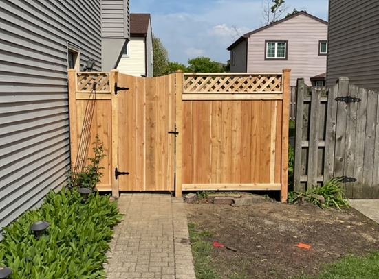 A wooden fence with a gate in the backyard of a house.