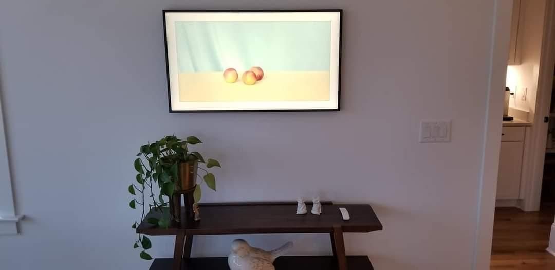 A framed picture, plant, and wooden table sit on a white wall. A cat is in front of the table.