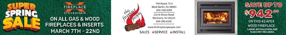 Super Spring Sale advertisement for fireplaces and inserts from March 7th-22nd. Features a fireplace and $942 starting price.