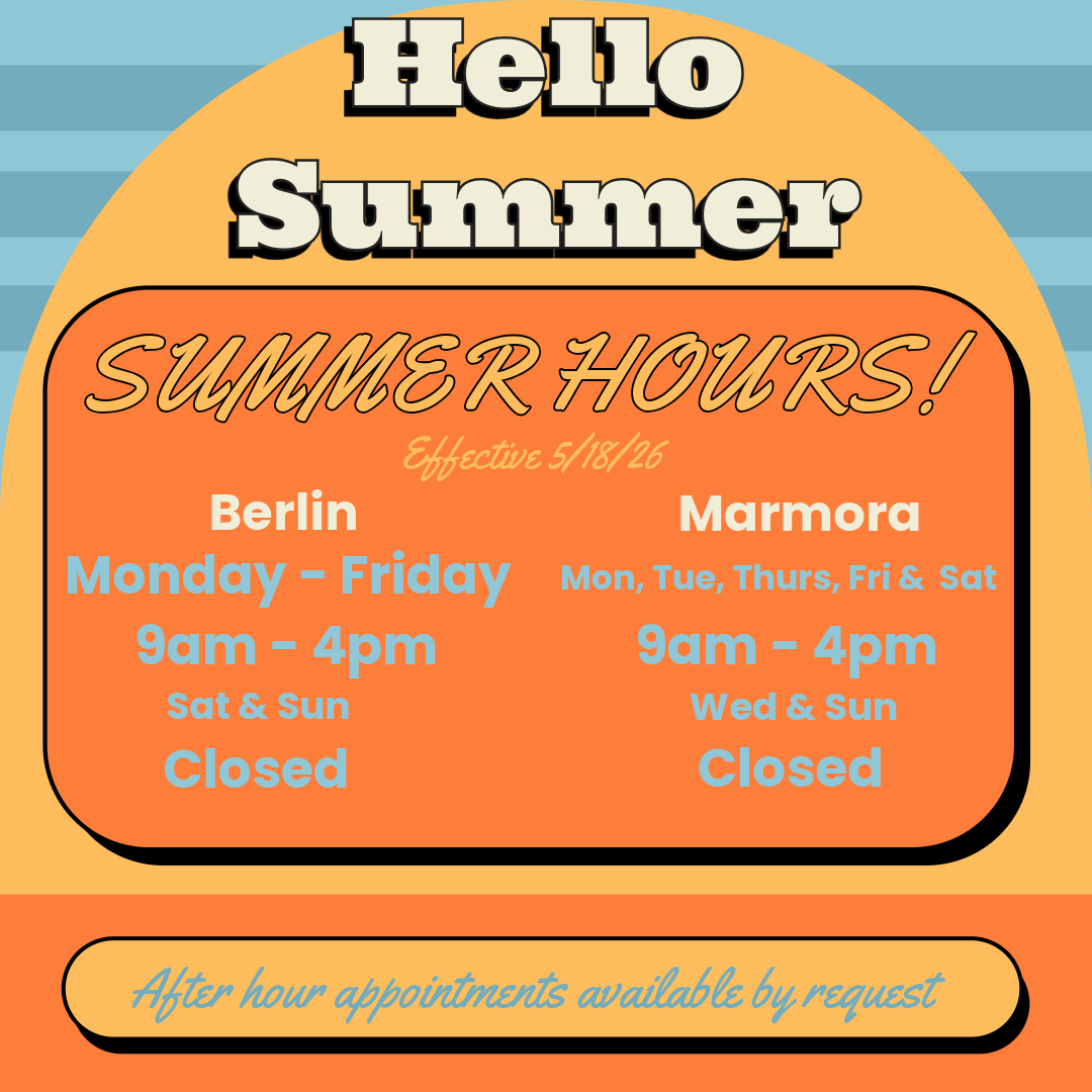 Summer hours flyer with an orange-and-blue design for the Berlin and Marmora locations, including days and times.