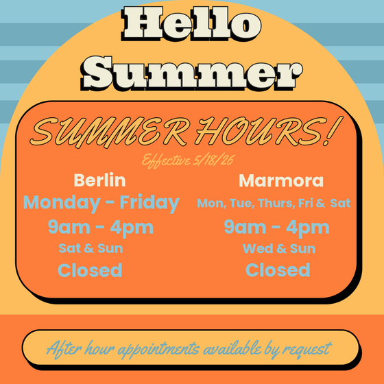Summer hours flyer with an orange-and-blue design for the Berlin and Marmora locations, including days and times.
