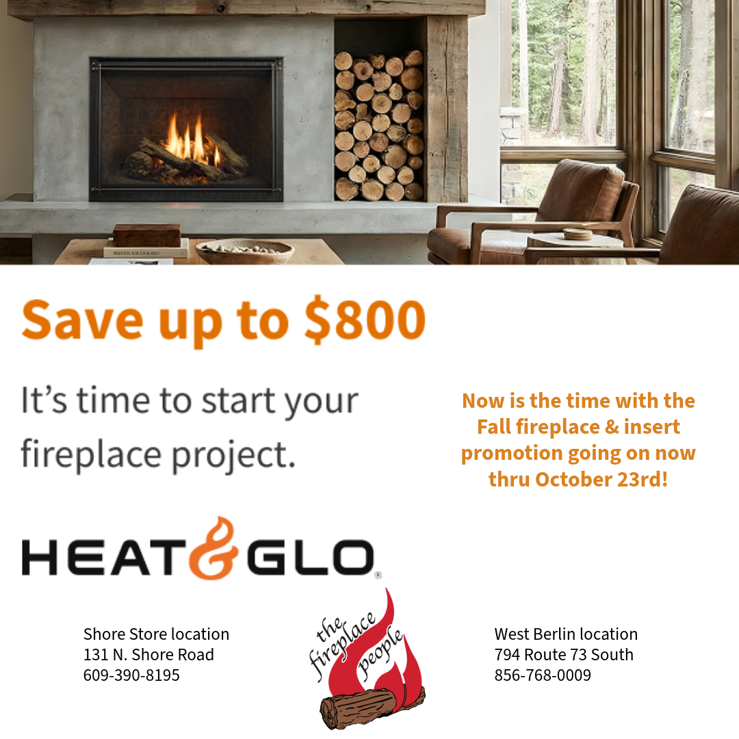 Fireplace promotion with stone hearth, burning fire, stacked logs, and “Save up to $800” text