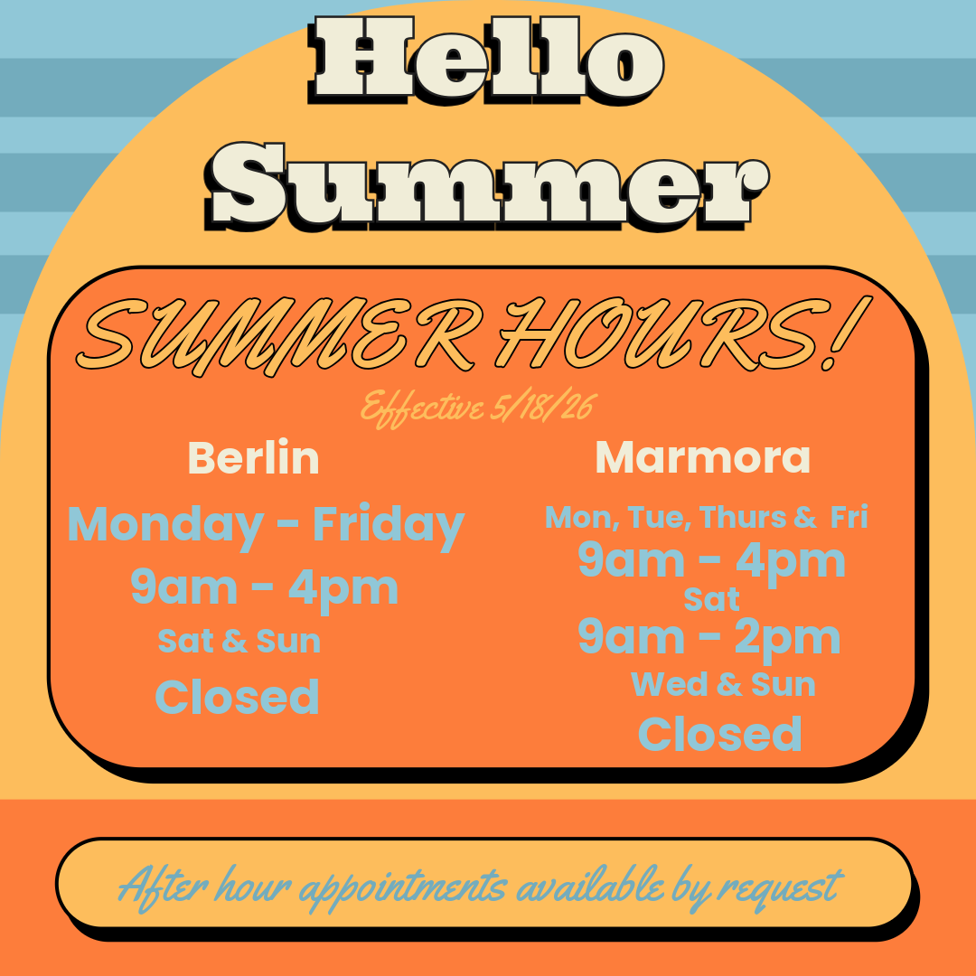 Summer hours flyer with an orange-and-blue design for the Berlin and Marmora locations, including days and times.