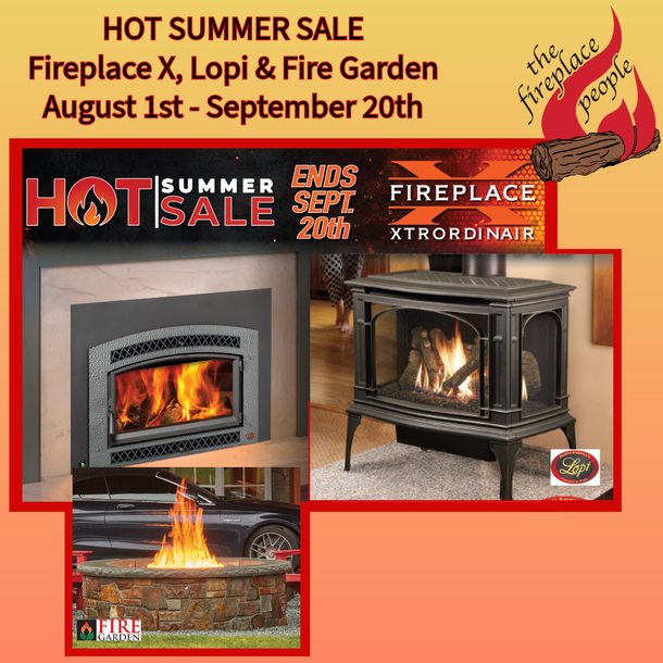Hot summer sale ad for fireplaces and garden decor, August 1st–September 20th, with fireplace images on orange background
