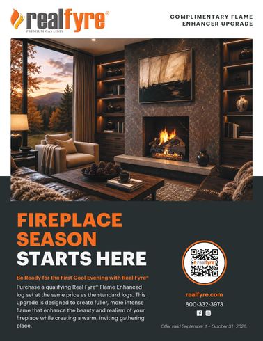 RealFyre fireplace ad with cozy living room and bold “Fireplace Season Starts Here” text