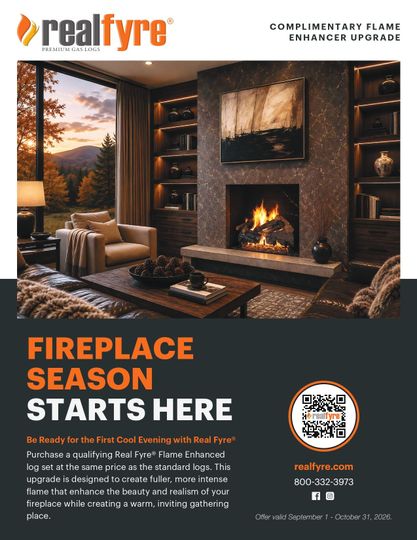 RealFyre fireplace ad with cozy living room and bold “Fireplace Season Starts Here” text