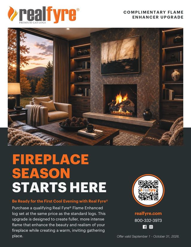 RealFyre fireplace ad with cozy living room and bold “Fireplace Season Starts Here” text