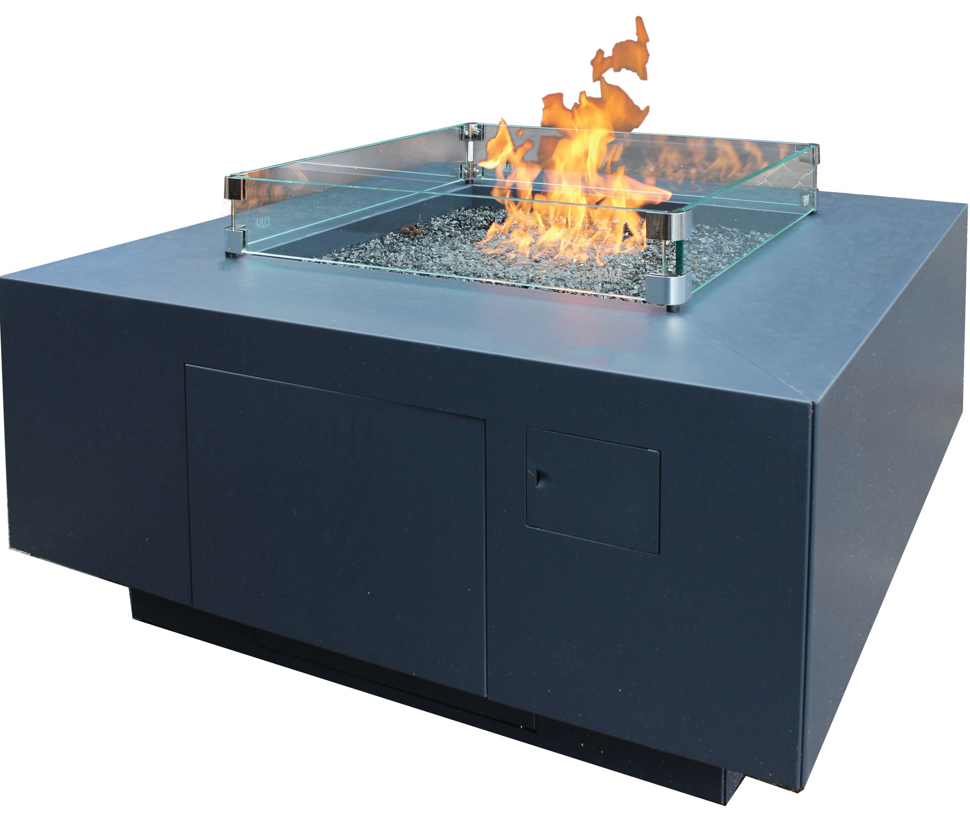 Modern black fire pit with glass wind guard and visible flames on a square base
