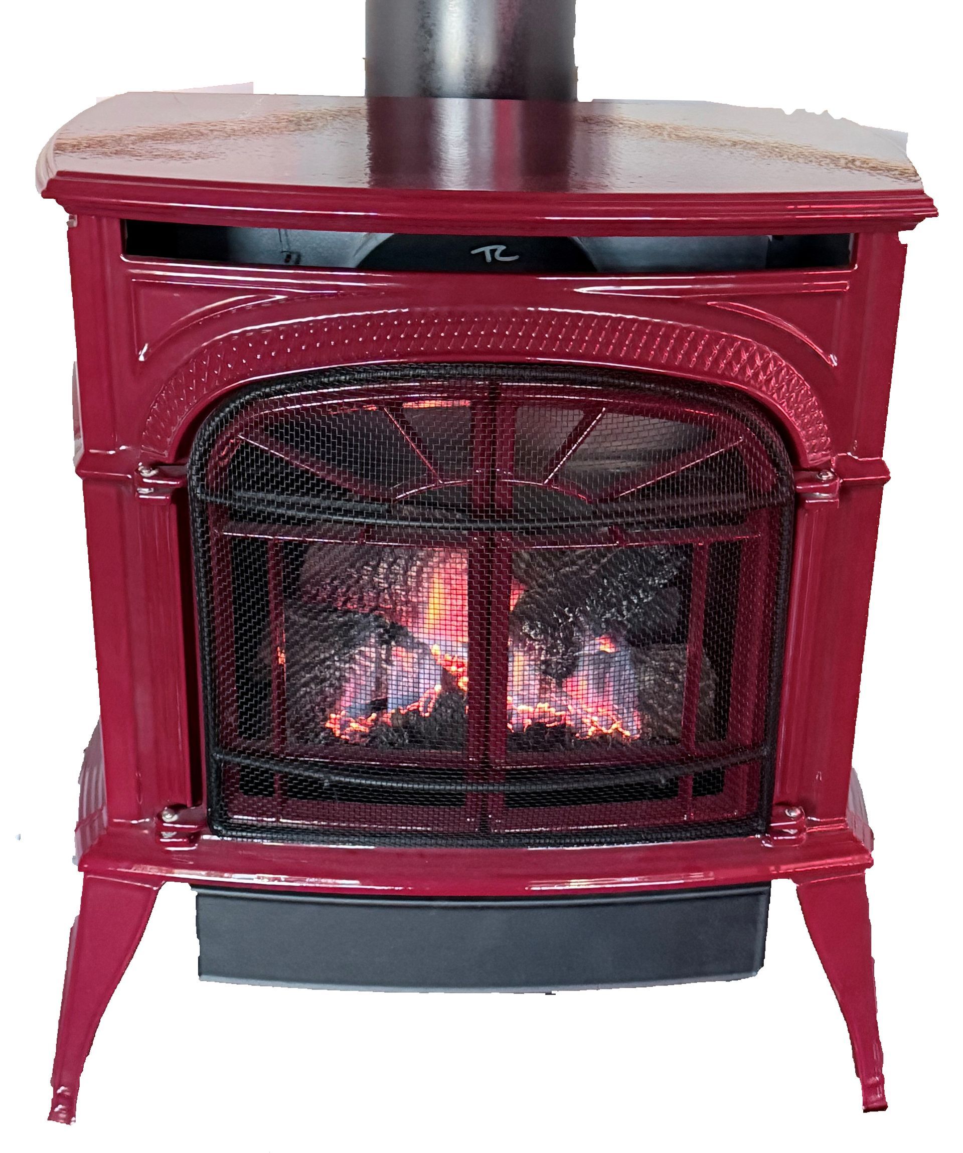 Red electric fireplace heater with faux logs and black mesh front, glowing inside.