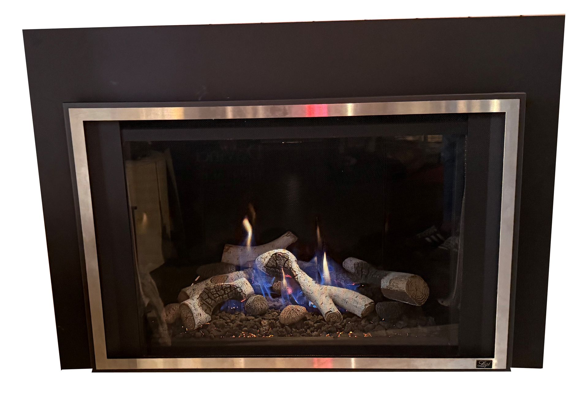 Modern gas fireplace with blue flames and black glass surround