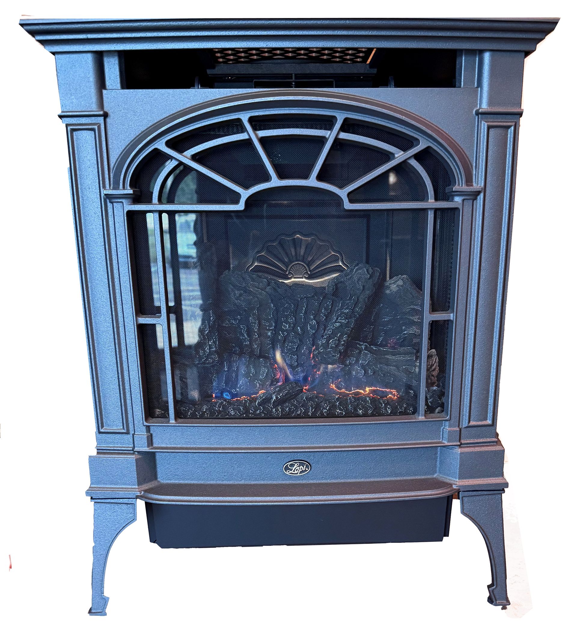 Black electric fireplace with arched glass front and faux flames.