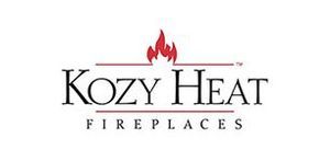 Logo for Kozy Heat Fireplaces with a red flame icon above the company name in black text.