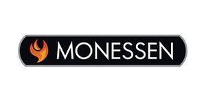 Logo for Monessen, featuring a flame graphic, in a black and silver rounded rectangle.