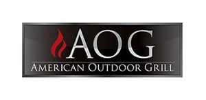 Logo for American Outdoor Grill: Black rectangle with “AOG” and a flame icon.