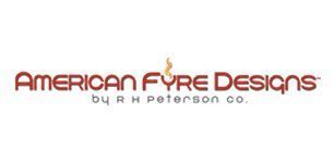 Logo for American Fyre Designs by R.H. Peterson co., in red lettering, a flame icon, white background.
