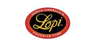 Lopi logo: oval with black center, yellow script text, 