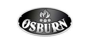 Osburn logo with flames and text on a black oval background.