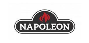 Napoleon logo with a flame icon. The brand name is in white text on a black background, framed with a white outline.