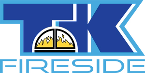 TK Fireside logo in blue and white with a yellow fireplace illustration inside the K.