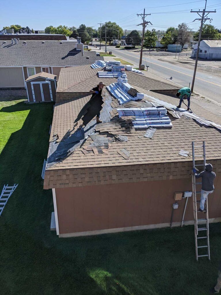 Workers on a roof installing shingles. One person on a ladder, two on the roof. Brown and gray roof with supplies.