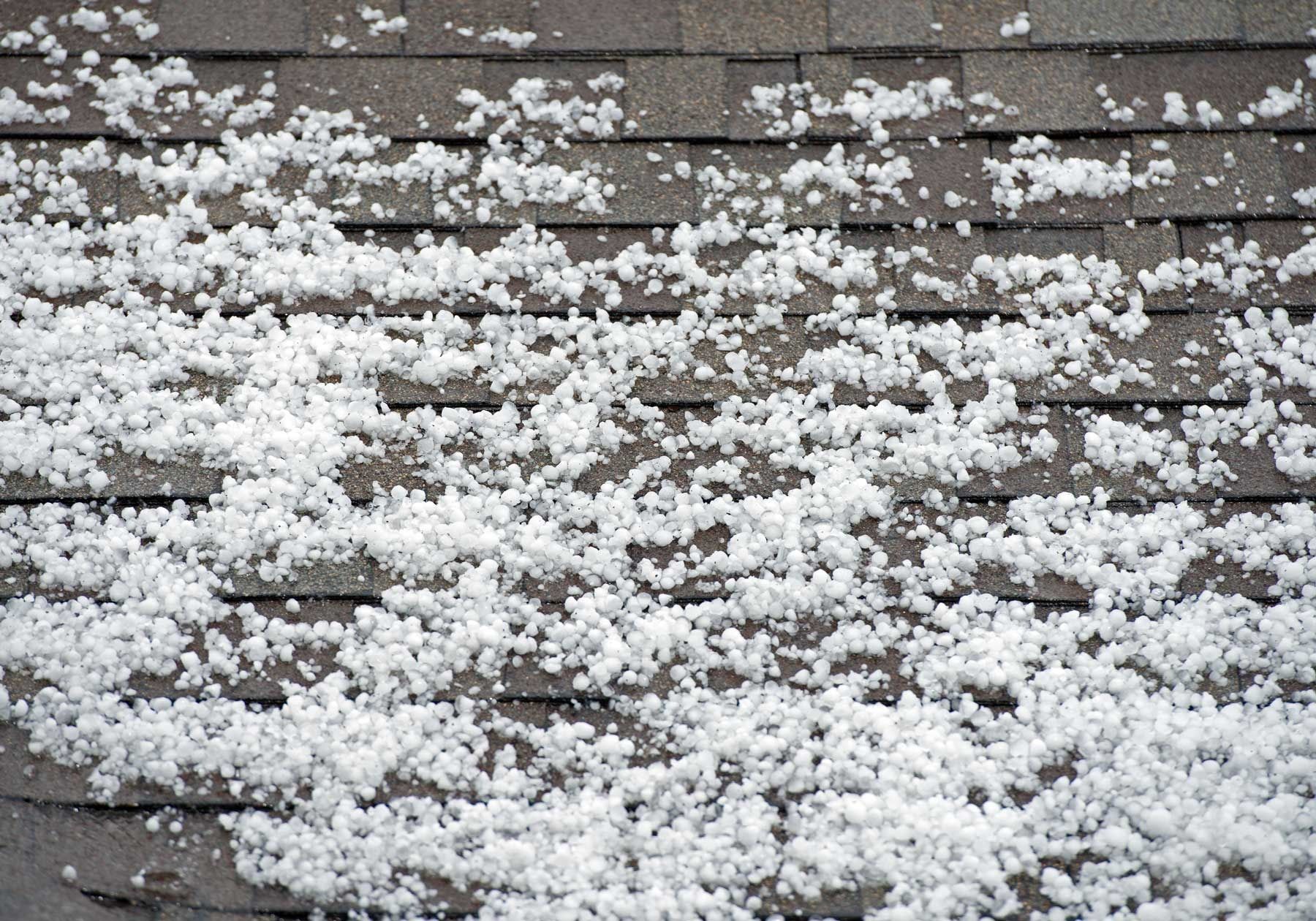 Hail on a dark brown shingle roof.