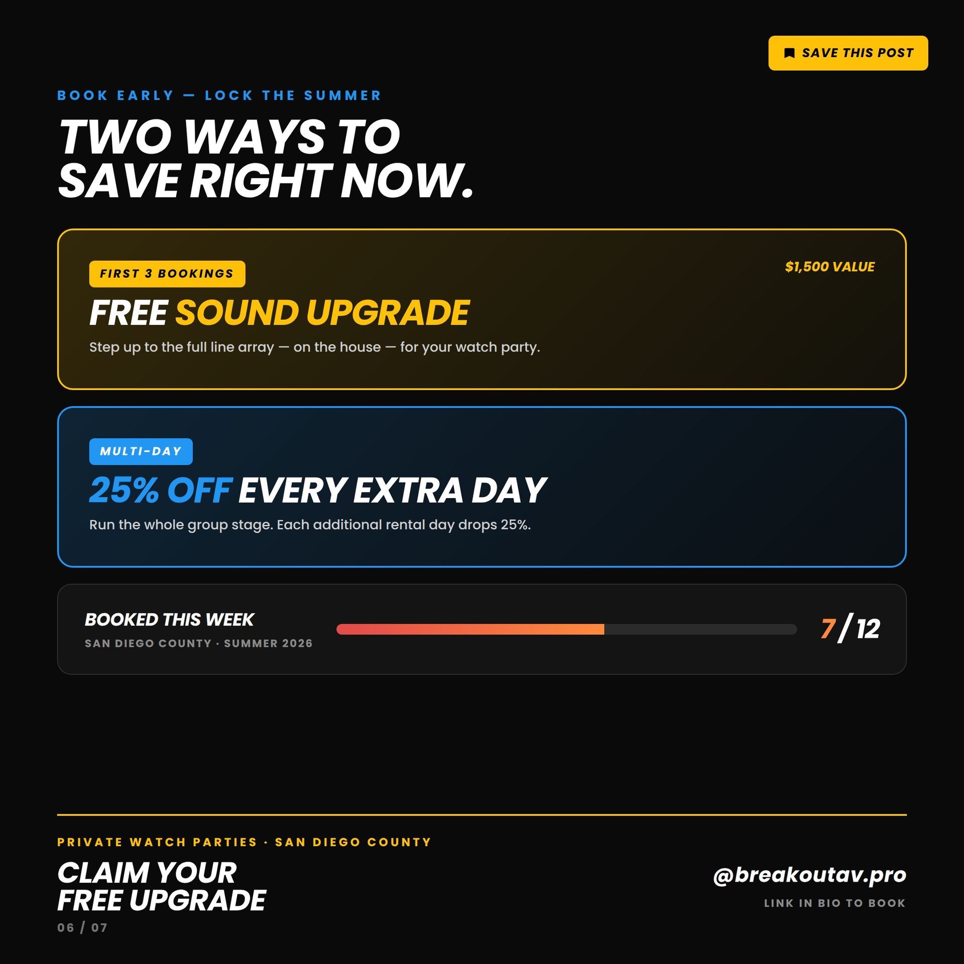 Promotional banner with two savings offers: free sound upgrade and 25% off every extra day.