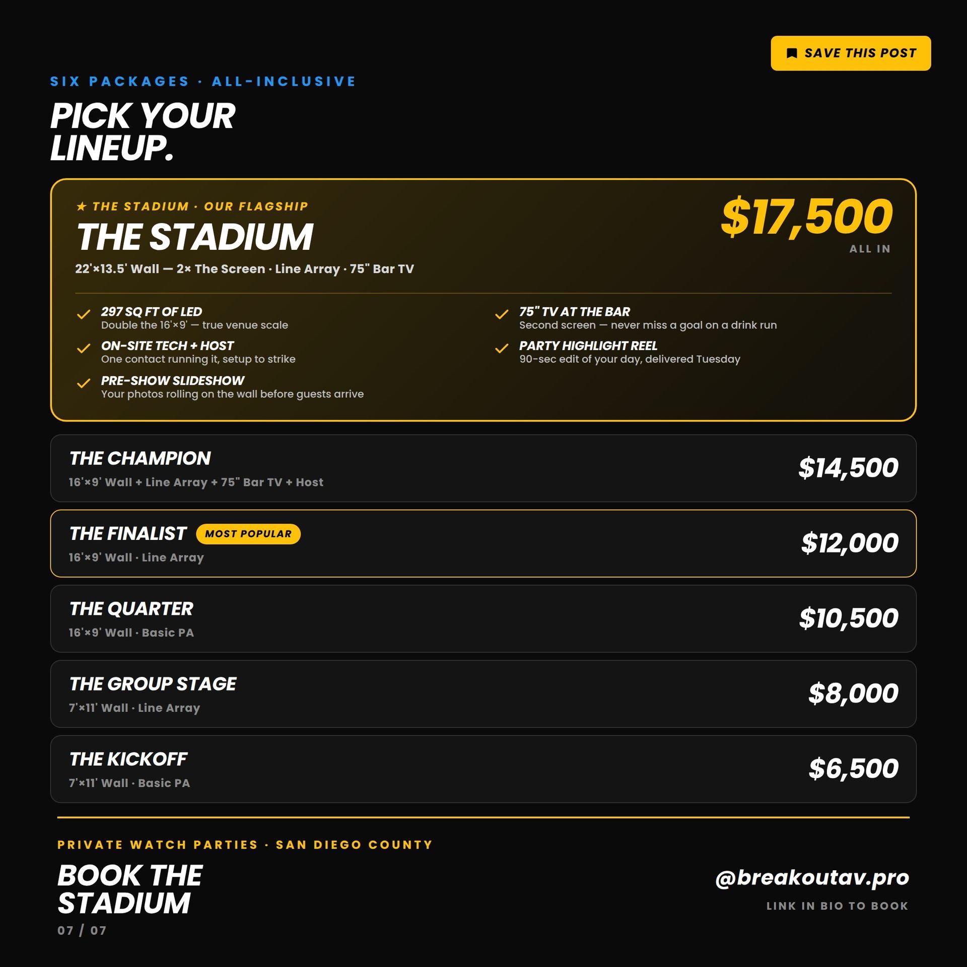 Black-and-gold pricing flyer for stadium and tournament package tiers, headed “Pick Your Lineup”