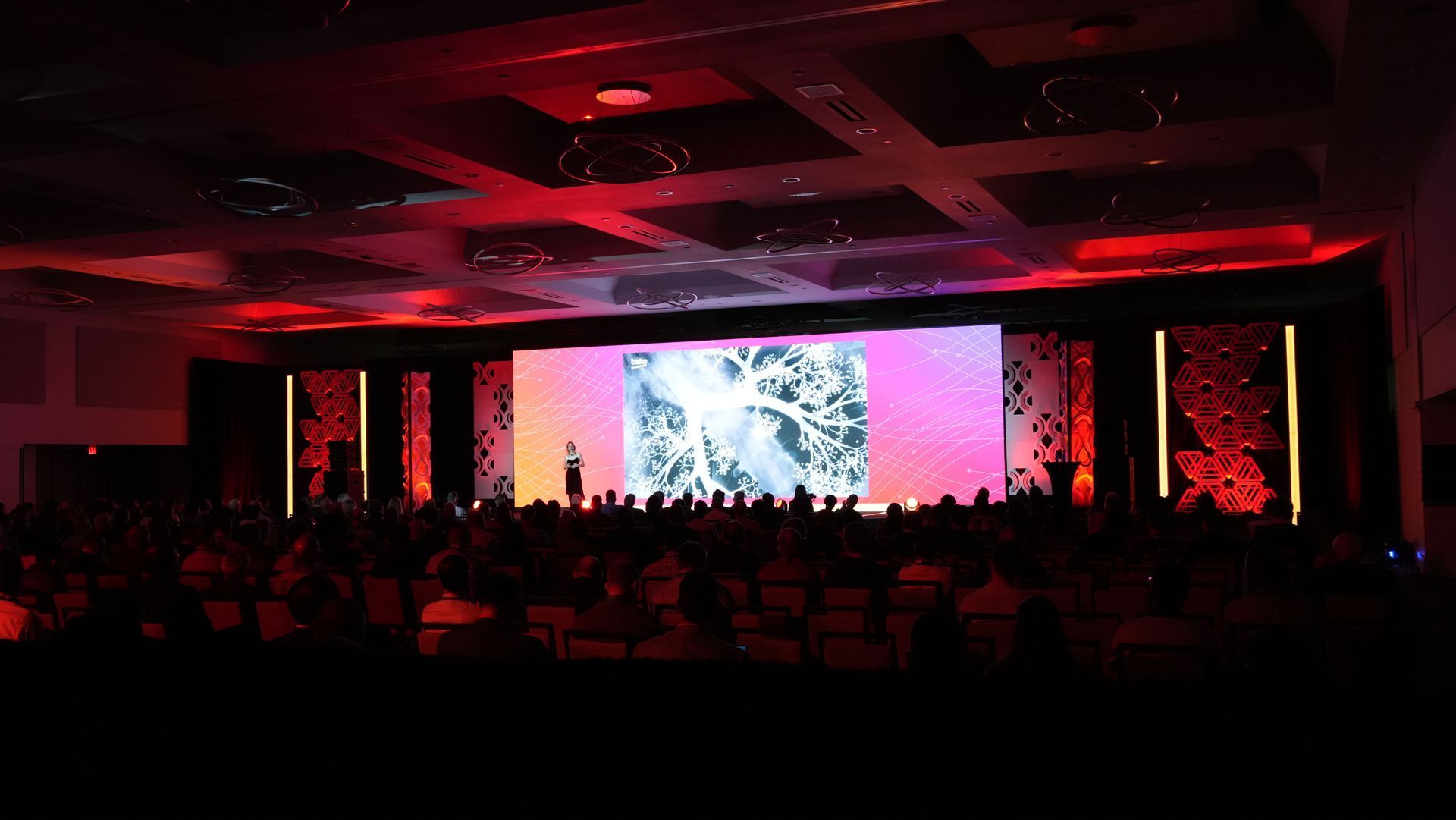 Red-lit auditorium with a large stage screen and audience silhouettes