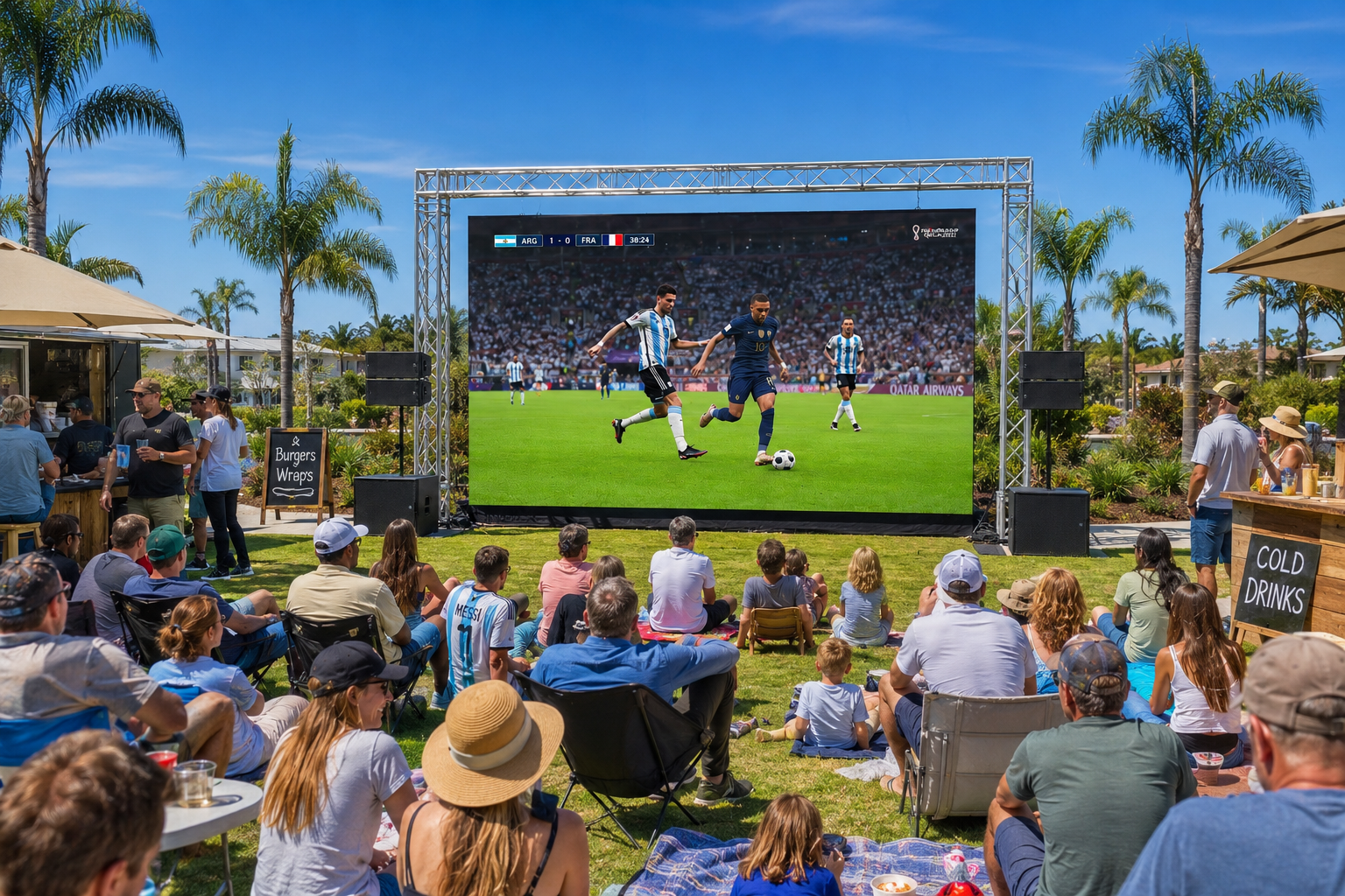 Outdoor crowd watching a soccer match on a giant screen