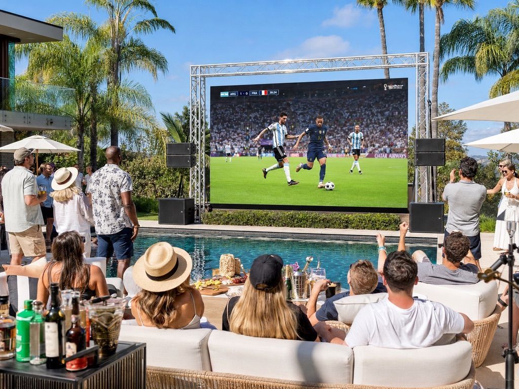 People watching a soccer match on a large outdoor screen beside a pool under palm trees