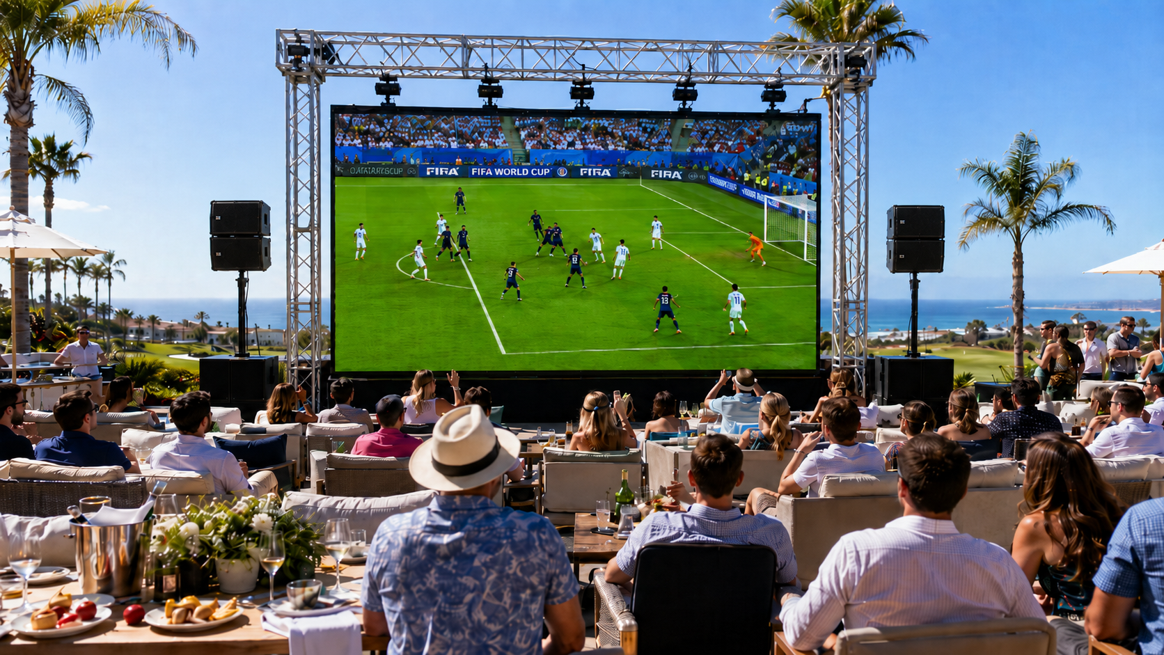 Outdoor crowd watching a soccer match on a giant screen by the beach, with ocean and palm trees behind.