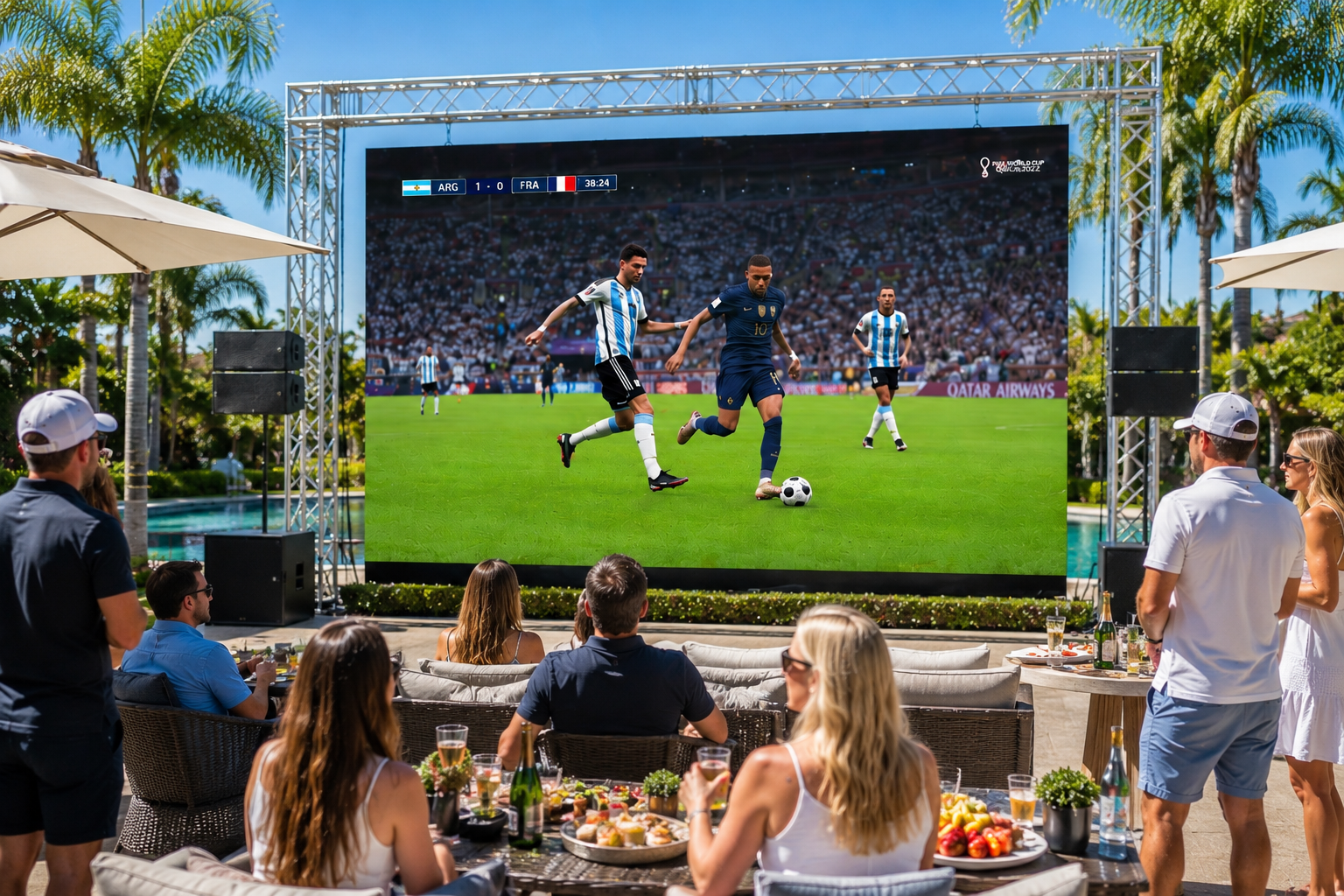 Outdoor big-screen soccer match viewed by spectators in a sunny patio lounge