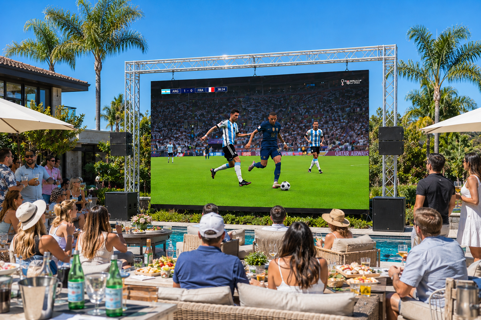 Outdoor party watching a soccer match on a large screen by a pool, with guests seated at tables.