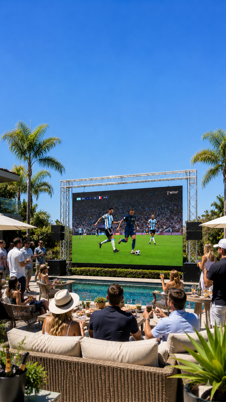 People watching a live soccer match on a large outdoor screen in a sunny courtyard, with palm trees and couches.