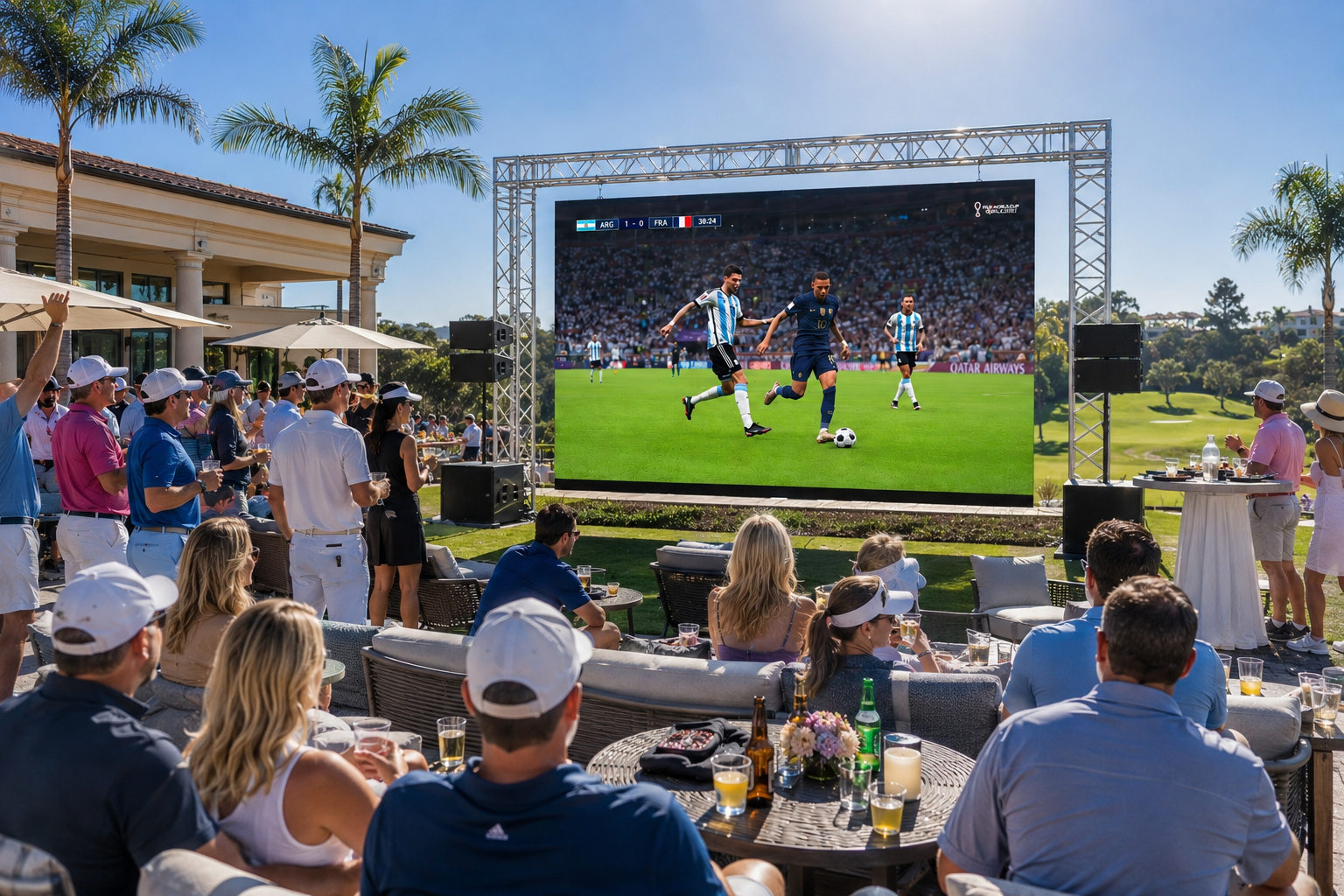 People watching a soccer match on a large outdoor screen at a sunny patio venue