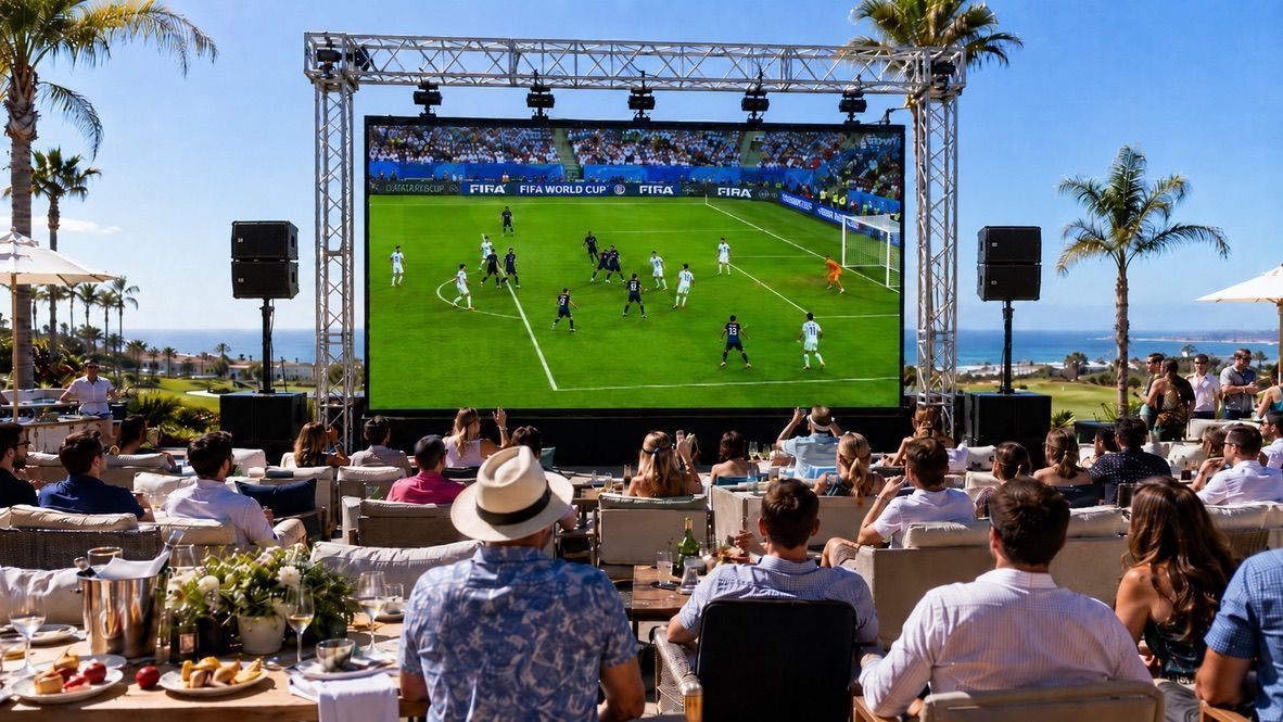 Outdoor crowd watching a soccer match on a giant screen by the beach under a sunny blue sky