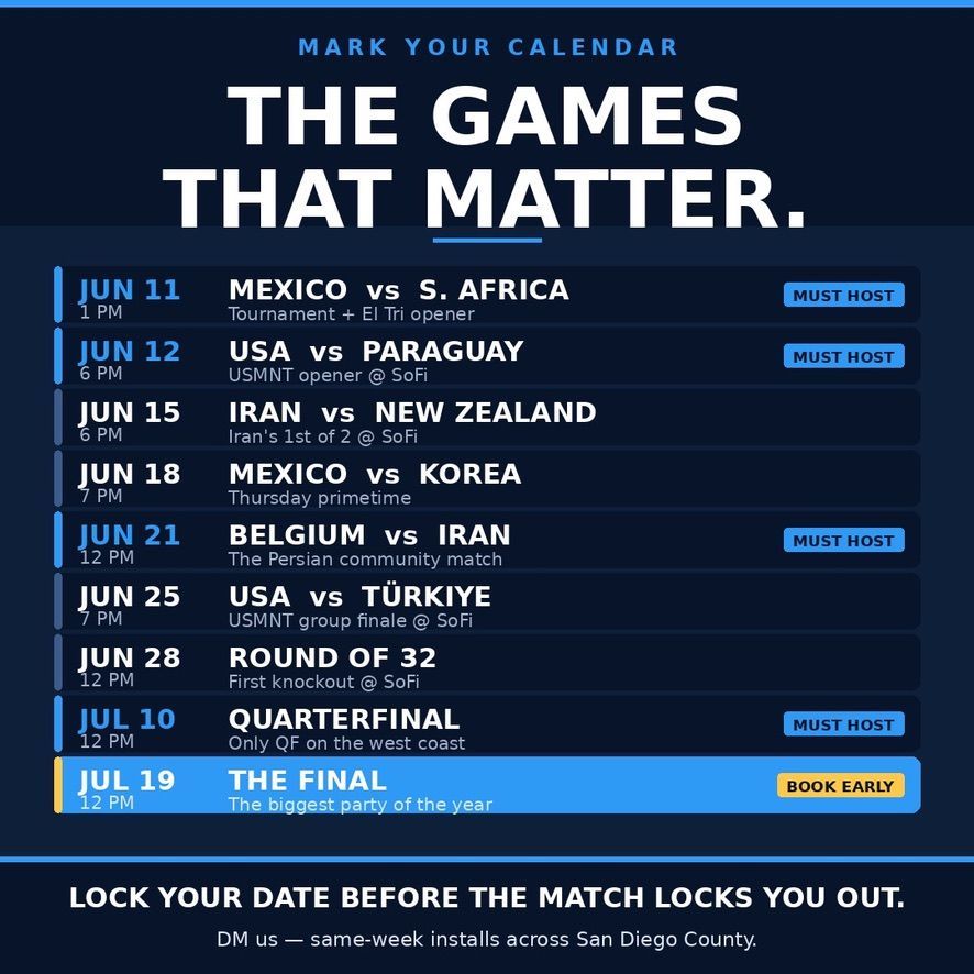 Soccer tournament schedule poster with dates, teams, and the motto “The Games Matter.”