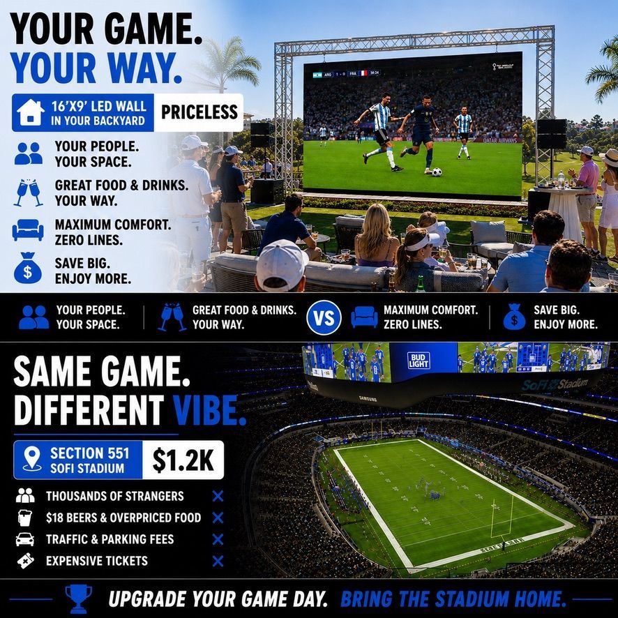 Advertising graphic for stadium seating and VIP fan experience, with a football game on a large screen and blue-black pricing panels