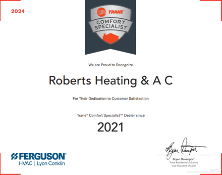 Comfort Specialist 2021 awarded to Robert's Heating & Air Conditioning of Virginia