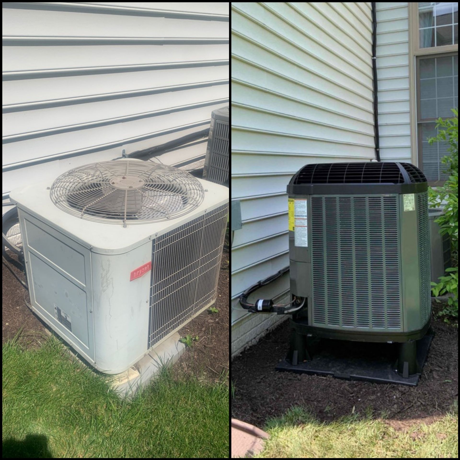 A before and after picture of an air conditioner on the side of a house