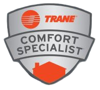 Trane Comfort Specialist logo is a shield with a house on it.