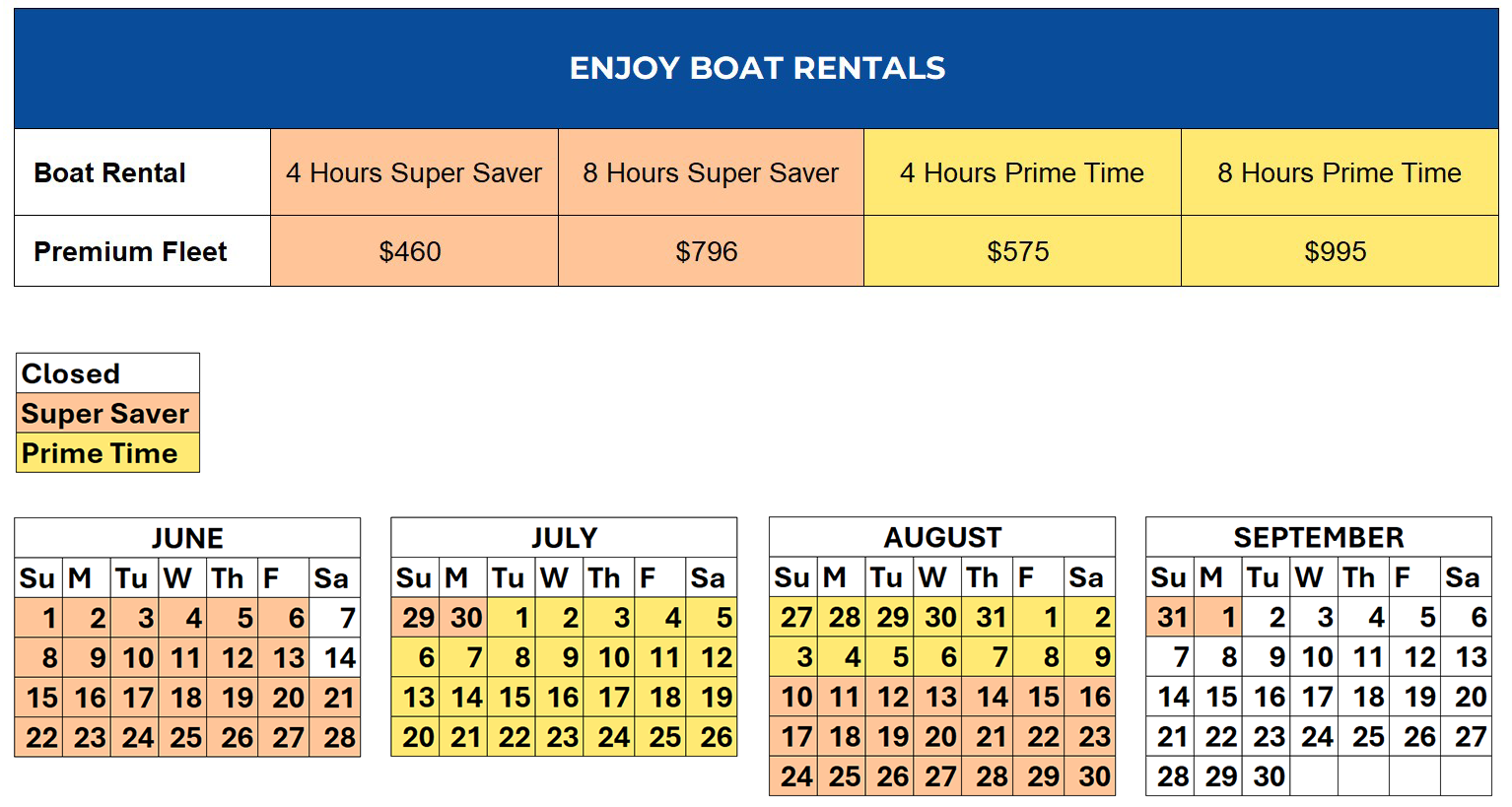 A calendar for enjoy boat rentals is shown on a white background