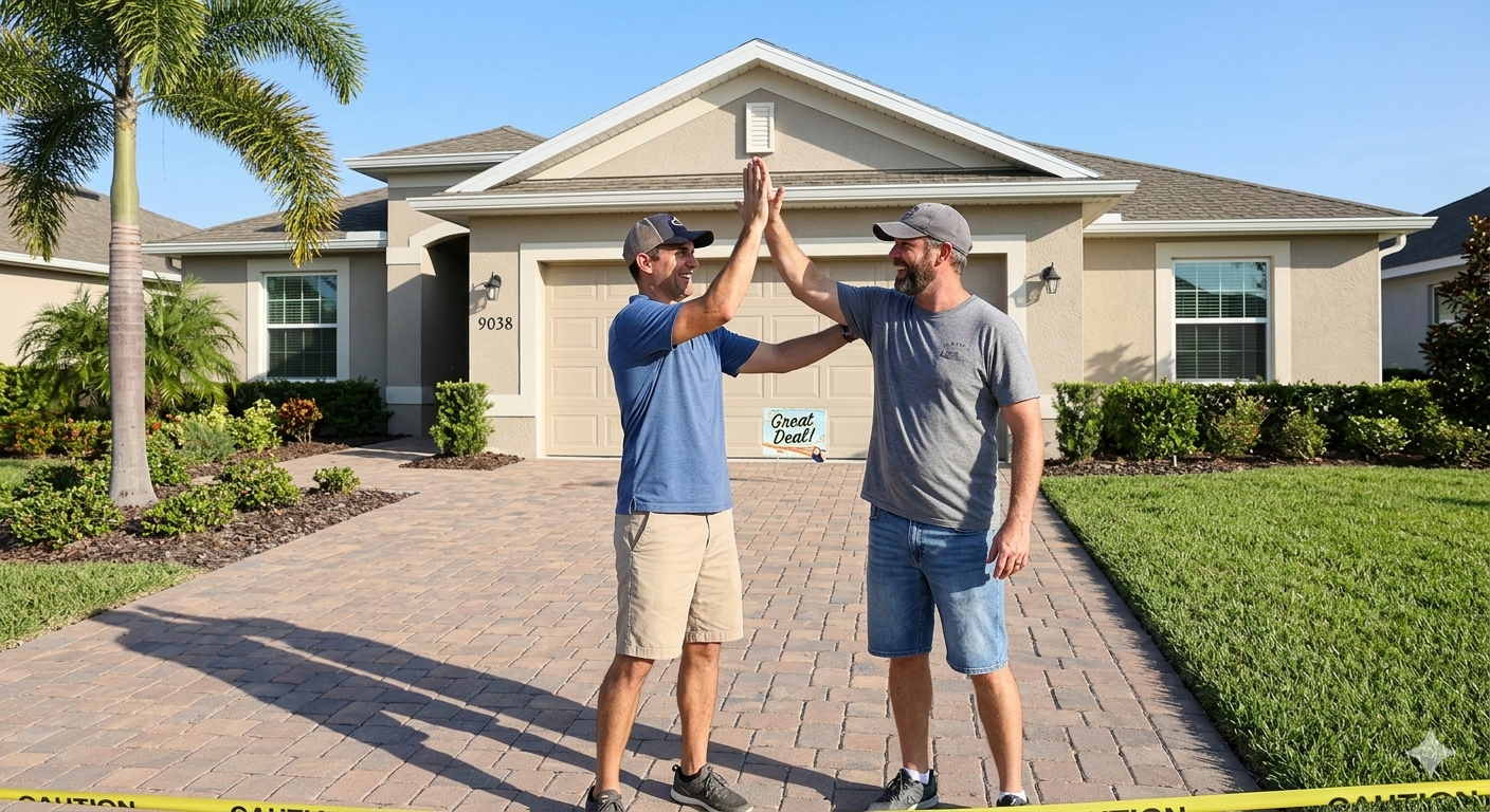 Two men high-five in front of a suburban house with a palm tree and brick driveway.