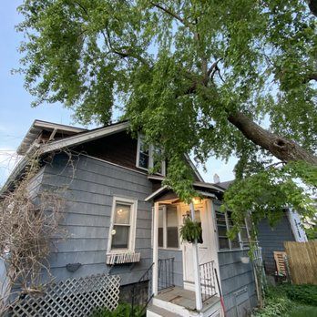 A tree has fallen on the roof of a house.
