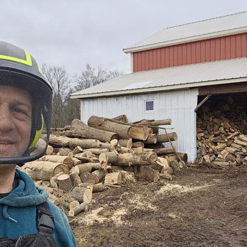 A man wearing a helmet is standing in front of a pile of logs.