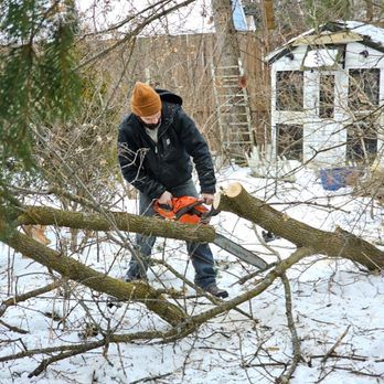 A man is cutting a tree branch with a chainsaw in the snow.